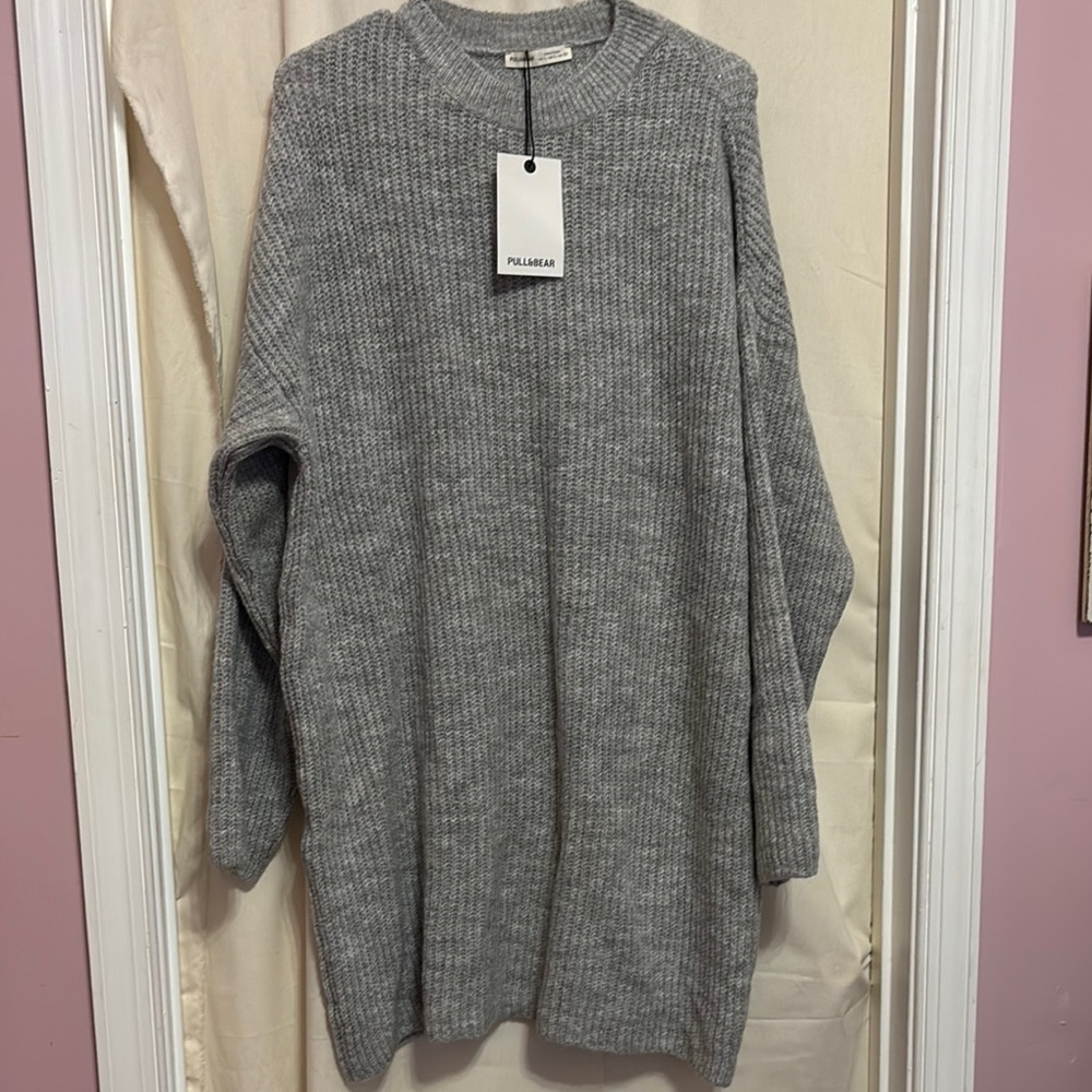 Pull&Bear Gray Crew Neck Sweater Dress Ribbed Knit